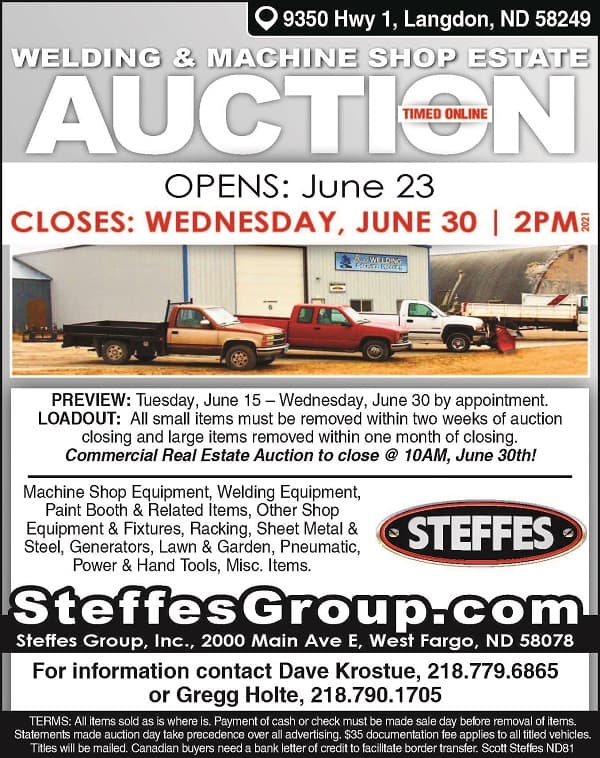 Welding & Machine Shop Auction Ends June 30th Timed Online Langdon,ND